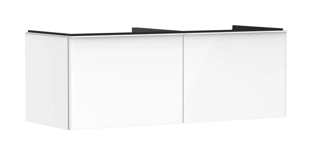 Weißer Waschtischunterschrank von Hansgrohe mit zwei Schubkästen, minimalistischem Design und glatter Oberfläche, geeignet für einen Aufsatzwaschtisch.